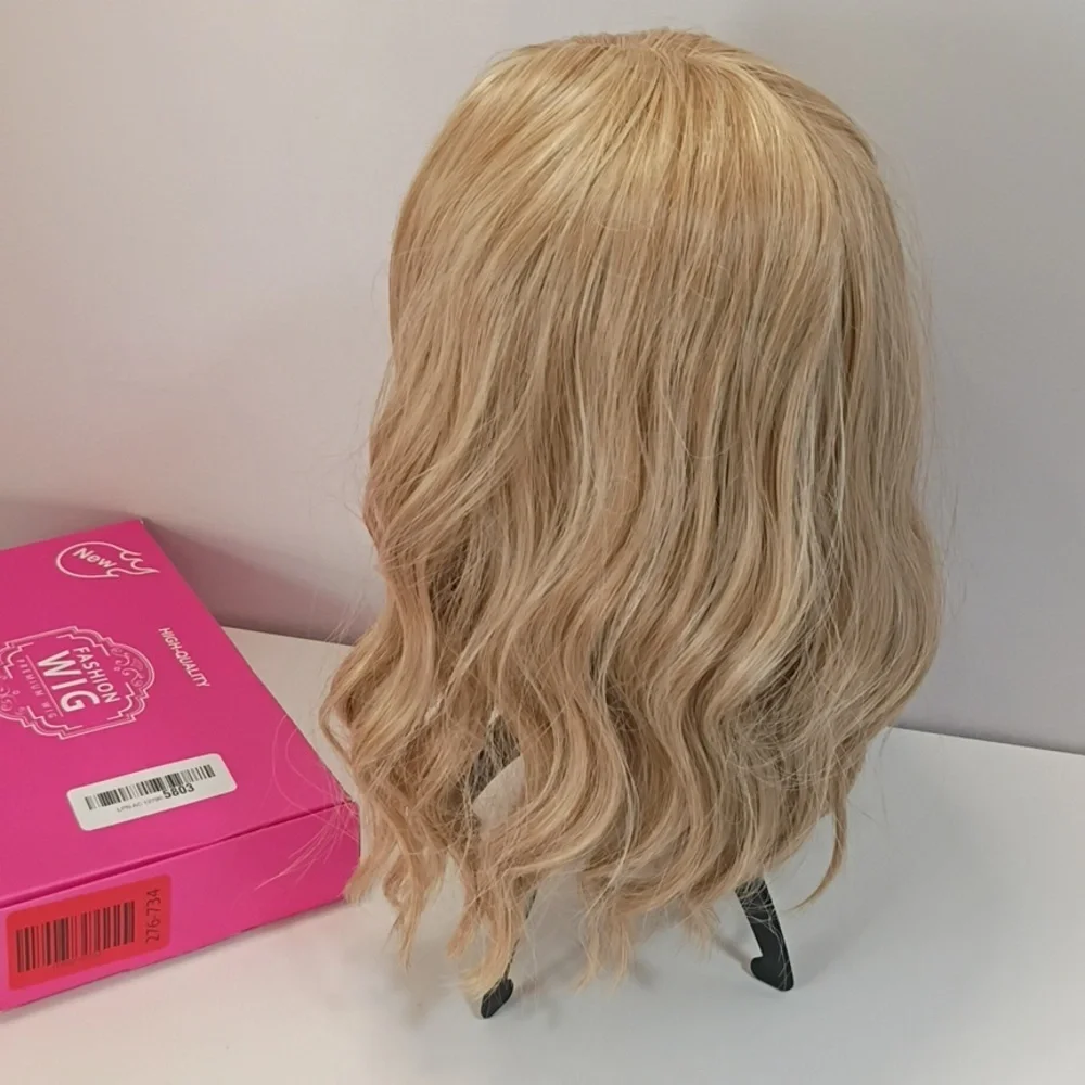Short Wavy Blonde Bob‎ Wig with Bangs — 12” Shoulder Length